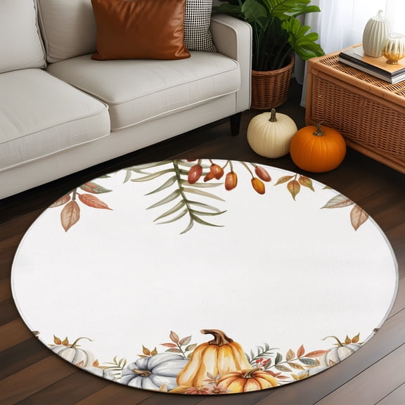 Round Rug 3ft Area Rug, Pumpkin Fall Maple Leaves Thanksgiving Harvest Area Rugs for Living Room Bedroom, Farm Berry on White Floor Mat Non-Slip Non-Shedding Carpet Indoor Accent Rugs