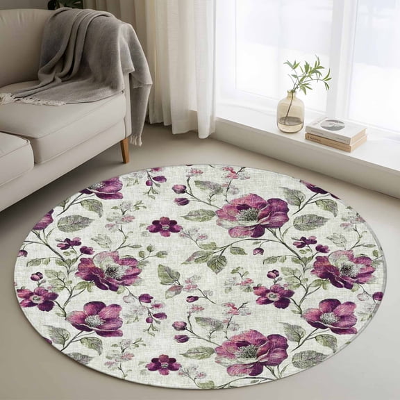 Round Rug 3ft Area Rug, Red Rose Pastoral Floral Vintage Area Rugs for Living Room Bedroom, Gradient Sage Green Floor Mat Non-Shedding Non-Slip Carpet Indoor Accent Rugs