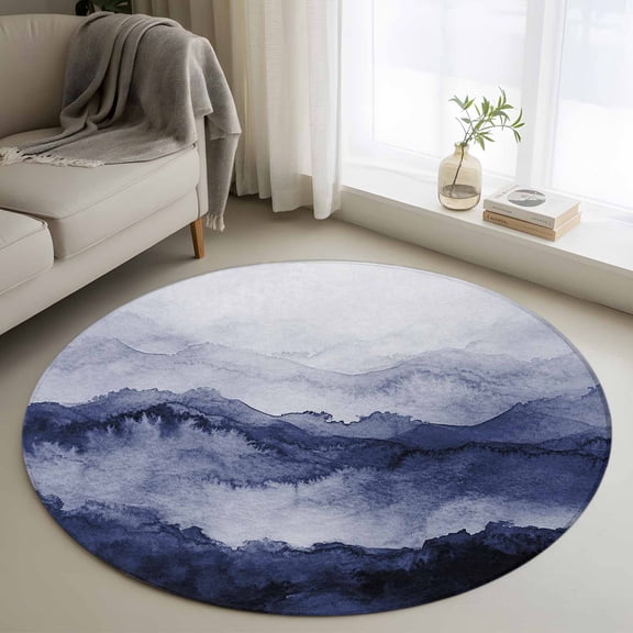 Round Rug 3ft Area Rug, Retro Ombre Watercolor Mountain Area Rugs for Living Room Bedroom, Abstract Landscapes Art Floor Mat Non-Slip Non-Shedding Carpet Indoor Accent Rugs