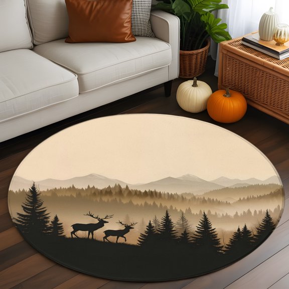 Round Rug 3ft Area Rug, Retro Tree Antlers Forest Mountain Area Rugs for Living Room Bedroom, Sky Landscape Floor Mat Non-Slip Non-Shedding Carpet Indoor Accent Rugs