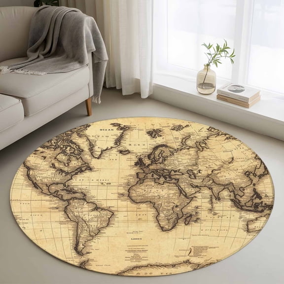 Round Rug 3ft Area Rug, Retro Yellow World Map North America Asia Area Rugs for Living Room Bedroom, Pacific Plate Floor Mat Non-Shedding Non-Slip Carpet Indoor Accent Rugs