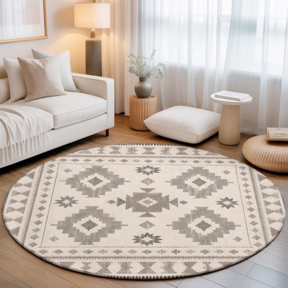 Round Rug 3ft Area Rug, RetroTribal Geometric Southwestern Area Rugs for Living Room Bedroom, Aztec Tan Diamond Floor Mat Non-Slip Non-Shedding Carpet Indoor Accent Rugs