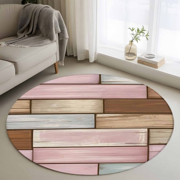 Round Rug 3ft Area Rug,Rustic Pink Brown Wood Grain Area Rugs for Living Room Bedroom,Vintage Wooden Plank Floor Mat Non-Slip Non-Shedding Carpet Indoor Accent Rugs