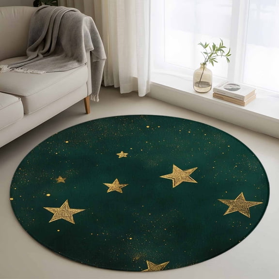 Round Rug 3ft Area Rug,Seamless Gold Star on Hunter Green Area Rugs for Living Room Bedroom,Dream Starry Sky Floor Mat Non-Slip Non-Shedding Carpet Indoor Accent Rugs