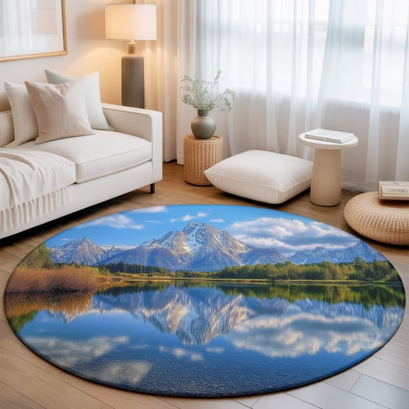 Round Rug 3ft Area Rug, Snow Capped Mountain Area Rugs for Living Room Bedroom, Lake Reflection Floor Mat Non-Slip Non-Shedding Carpet Indoor Accent Rugs