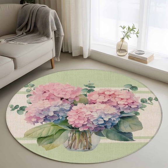 Round Rug 3ft Area Rug,Spring Flower Hydrangea Green Leaf Area Rugs for Living Room Bedroom,Watercolor Floral on Burlap Floor Mat Non-Slip Non-Shedding Carpet Indoor Accent Rugs