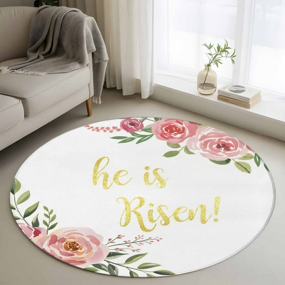 Round Rug 3ft Area Rug, Spring Watercolor Floral Art Area Rugs for Living Room Bedroom, He Is Risen Floor Mat Non-Slip Non-Shedding Carpet Indoor Accent Rugs