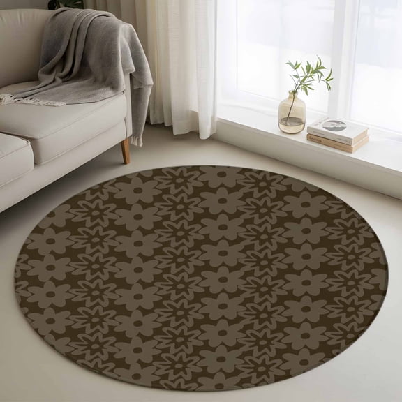 Round Rug 3ft Area Rug,Spring Yellow Daisy on Brown Area Rugs for Living Room Bedroom,Abstract Botantical Floor Mat Non-Slip Non-Shedding Carpet Indoor Accent Rugs