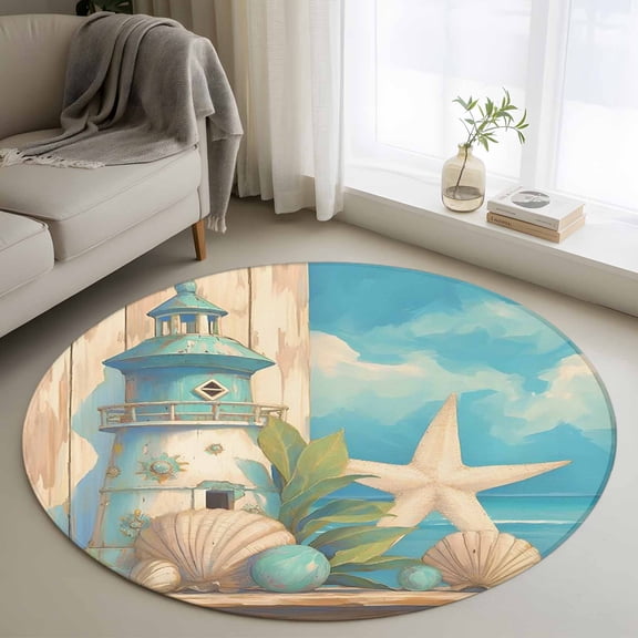 Round Rug 3ft Area Rug, Summer Coastal Lighthouse Starfish Shell Area Rugs for Living Room Bedroom, Seaside Seascape Blue Sky Floor Mat Non-Shedding Non-Slip Carpet Indoor Accent Rugs