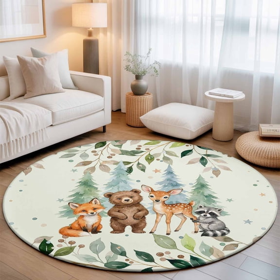 Round Rug 3ft Area Rug, Summer Forests Bear Fox Raccoon Area Rugs for Living Room Bedroom, Pine Tree Leaves on Green Floor Mat Non-Slip Non-Shedding Carpet Indoor Accent Rugs