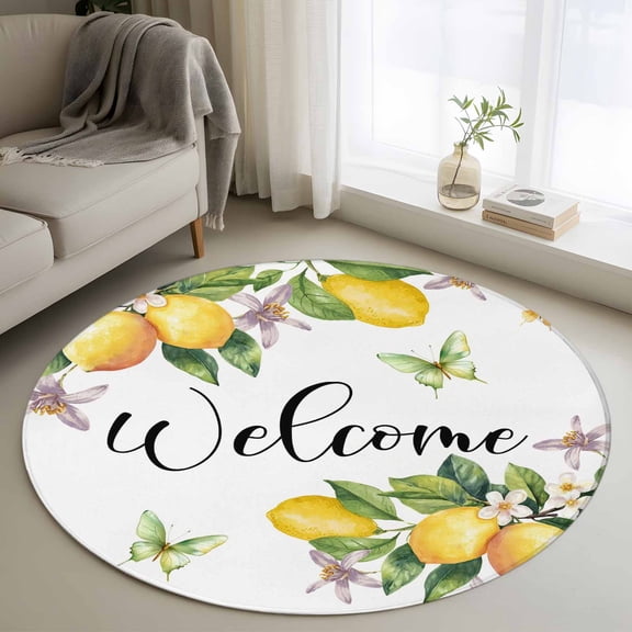Round Rug 3ft Area Rug, Summer Lemon Flower Leaves Area Rugs for Living Room Bedroom, Butterfly Welcome Quote Floor Mat Non-Slip Non-Shedding Carpet Indoor Accent Rugs