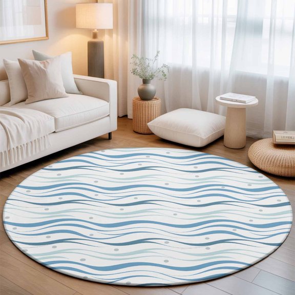 Round Rug 3ft Area Rug, Summer Oceans Waves Area Rugs for Living Room Bedroom, Navy Blue Striped Floor Mat Non-Slip Non-Shedding Carpet Indoor Accent Rugs