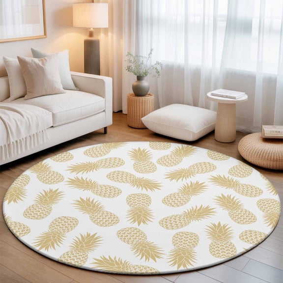 Round Rug 3ft Area Rug, Summer Pineapple Fruit Seamless Area Rugs for Living Room Bedroom, Gold Floor Mat Non-Slip Non-Shedding Carpet Indoor Accent Rugs