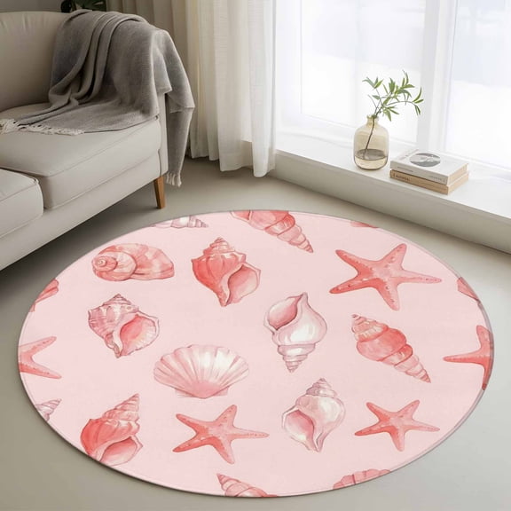 Round Rug 3ft Area Rug, Summer Pink Conch Shell Starfish Area Rugs for Living Room Bedroom, Coastal Ocean Creature Floor Mat Non-Shedding Non-Slip Carpet Indoor Accent Rugs