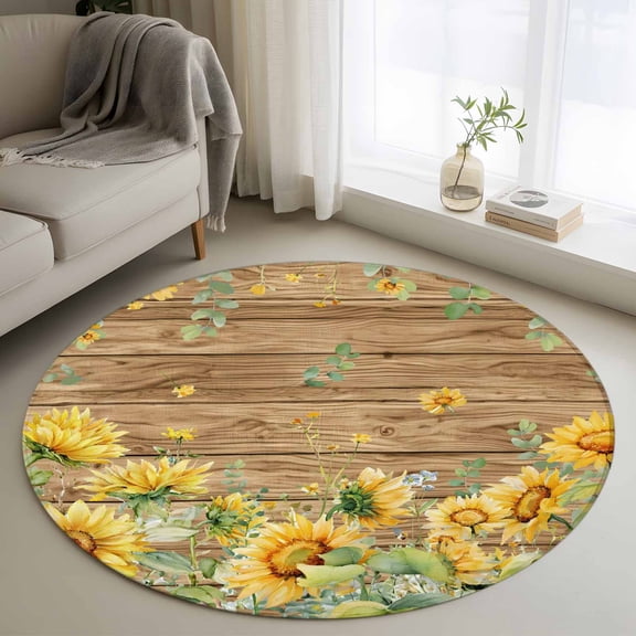 Round Rug 3ft Area Rug,Summer Sunflower Brown Plaid Area Rugs for Living Room Bedroom,Farmhouse Leaves Plant Floor Mat Non-Slip Non-Shedding Carpet Indoor Accent Rugs