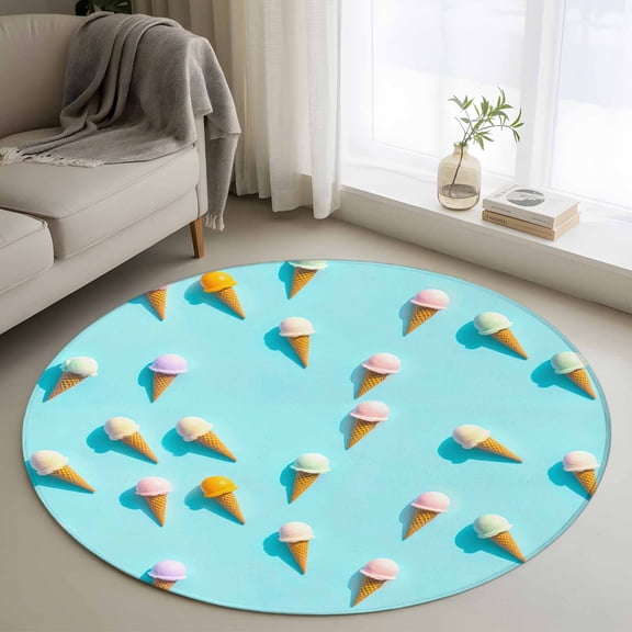 Round Rug 3ft Area Rug, Summer Sweet Dessert on Mint Green Area Rugs for Living Room Bedroom, Seamless Icy Cream Floor Mat Non-Shedding Non-Slip Carpet Indoor Accent Rugs