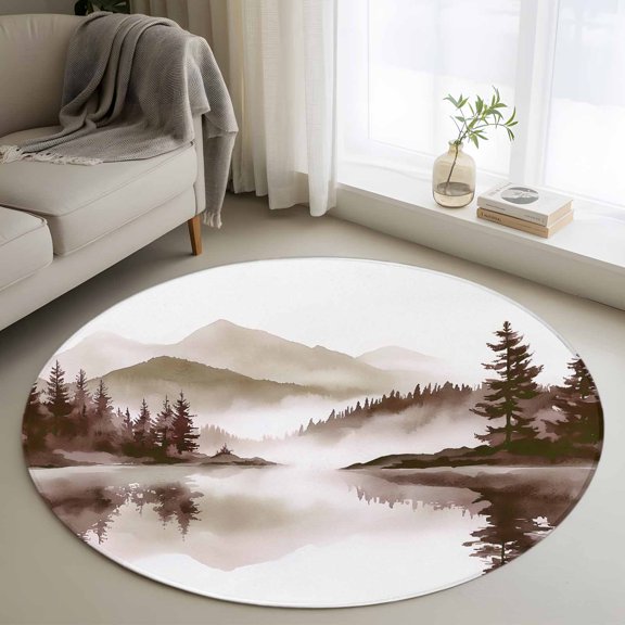 Round Rug 3ft Area Rug, Summer Watercolor Forest Mountain Area Rugs for Living Room Bedroom, Ink Painting Art Floor Mat Non-Slip Non-Shedding Carpet Indoor Accent Rugs