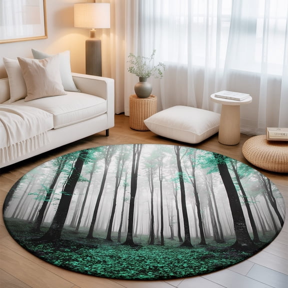 Round Rug 3ft Area Rug, Thanksgiving Green Maple Trees Area Rugs for Living Room Bedroom, Fall Maple Leaves Floor Mat Non-Slip Non-Shedding Carpet Indoor Accent Rugs