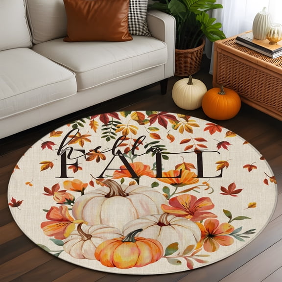 Round Rug 3ft Area Rug, Thanksgiving Pumpkin Fall Leaf Area Rugs for Living Room Bedroom, Country Maple Leaves Floor Mat Non-Slip Non-Shedding Carpet Indoor Accent Rugs