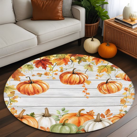 Round Rug 3ft Area Rug, Thanksgiving Pumpkin Maple Leaf Area Rugs for Living Room Bedroom, White Wood Board Floor Mat Non-Slip Non-Shedding Carpet Indoor Accent Rugs