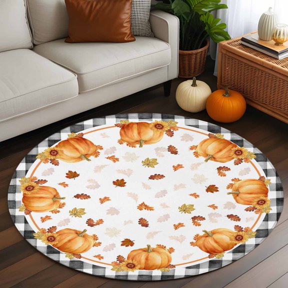 Round Rug 3ft Area Rug, Thanksgiving Pumpkin Maple Leaves Area Rugs for Living Room Bedroom, Black White Checker Floor Mat Non-Slip Non-Shedding Carpet Indoor Accent Rugs