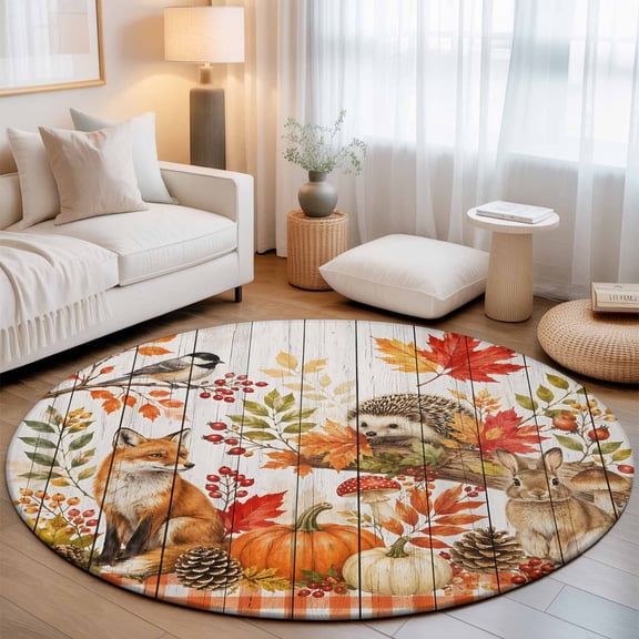Round Rug 3ft Area Rug, Thanksgiving Red Fox Rabbit Hedgehog Area Rugs for Living Room Bedroom, Maple Leaves Floor Mat Non-Slip Non-Shedding Carpet Indoor Accent Rugs
