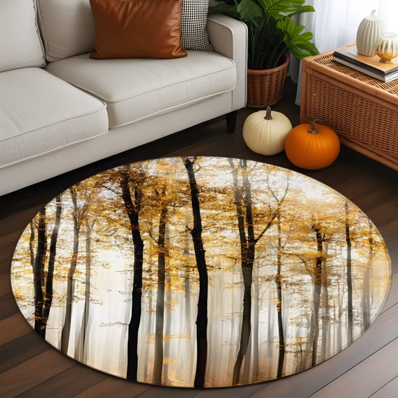 Round Rug 3ft Area Rug, Thanksgiving Rustic Maple Tree Area Rugs for Living Room Bedroom, Autumn Forest Trees Theme Floor Mat Non-Slip Non-Shedding Carpet Indoor Accent Rugs
