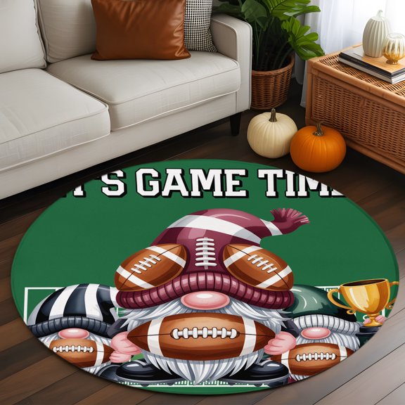 Round Rug 3ft Area Rug, Thanksgiving Sport Rugby Gnomes Area Rugs for Living Room Bedroom, It's Game Time Words Floor Mat Non-Slip Non-Shedding Carpet Indoor Accent Rugs