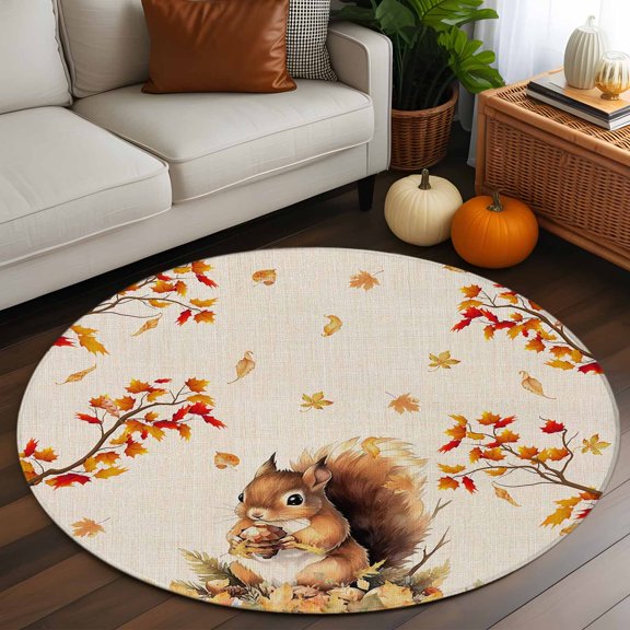 Round Rug 3ft Area Rug, Thanksgiving Squirrel with Pine Cone Area Rugs for Living Room Bedroom, Fall Maple Leaves on Linen Floor Mat Non-Slip Non-Shedding Carpet Indoor Accent Rugs