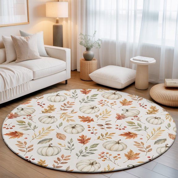 Round Rug 3ft Area Rug, Thanksgiving White Pumpkin Area Rugs for Living Room Bedroom, Autumn Maple Leaves Floor Mat Non-Slip Non-Shedding Carpet Indoor Accent Rugs