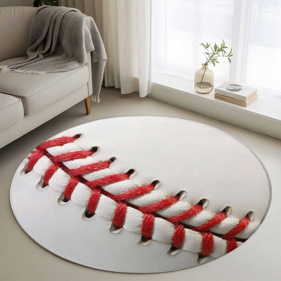 Round Rug 3ft Area Rug,USA Baseball Red Needle Stripe Area Rugs for Living Room Bedroom,Sports White Back Floor Mat Non-Slip Non-Shedding Carpet Indoor Accent Rugs