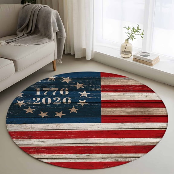 Round Rug 3ft Area Rug, USA Flag Stripe Star Area Rugs for Living Room Bedroom, American 250th Anniversary Retro Wood Board Floor Mat Non-Shedding Non-Slip Carpet Indoor Accent Rugs