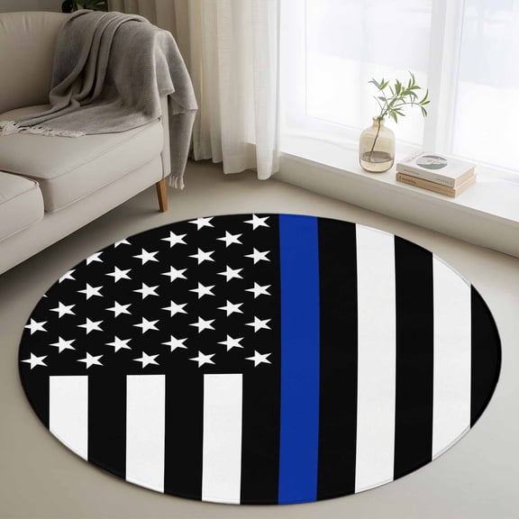 Round Rug 3ft Area Rug,USA Flag Thin Blue Line Star Area Rugs for Living Room Bedroom,America Law Enforcement Flags Floor Mat Non-Slip Non-Shedding Carpet Indoor Accent Rugs