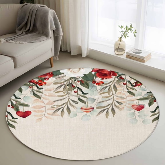 Round Rug 3ft Area Rug,Valentine Romantic Rose Foliage Area Rugs for Living Room Bedroom,Love Heart Vintage Linen Floor Mat Non-Slip Non-Shedding Carpet Indoor Accent Rugs