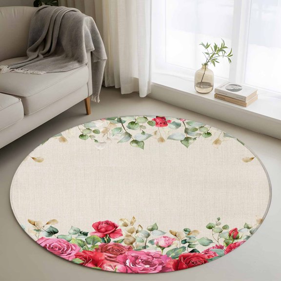 Round Rug 3ft Area Rug,Valentine's Day Romantic Roses Area Rugs for Living Room Bedroom,Eucalyptus Leaves on Linen Floor Mat Non-Slip Non-Shedding Carpet Indoor Accent Rugs