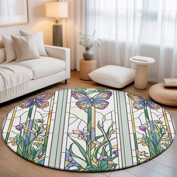 Round Rug 3ft Area Rug, Vintage Butterfly Flower Abstract Art Area Rugs for Living Room Bedroom, Retro Paper-cut Art Floor Mat Non-Slip Non-Shedding Carpet Indoor Accent Rugs