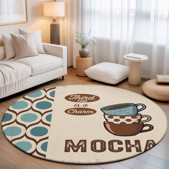 Round Rug 3ft Area Rug, Vintage Coffee Mocha Cups Area Rugs for Living Room Bedroom, Medieval Casual Time Floor Mat Non-Slip Non-Shedding Carpet Indoor Accent Rugs