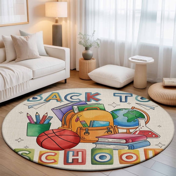 Round Rug 3ft Area Rug, Vintage Crayon Globe Area Rugs for Living Room Bedroom, Back to School Words on Linen Floor Mat Non-Slip Non-Shedding Carpet Indoor Accent Rugs