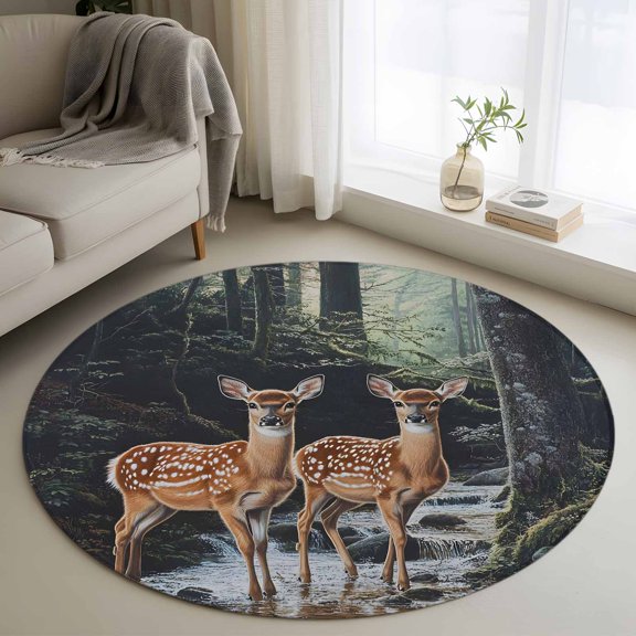 Round Rug 3ft Area Rug, Vintage Forest Deer Area Rugs for Living Room Bedroom, Summer River And Reindeer Floor Mat Non-Slip Non-Shedding Carpet Indoor Accent Rugs