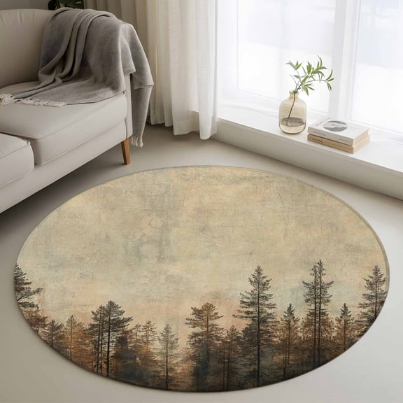 Round Rug 3ft Area Rug,Vintage Forest Pine Tree Plant Area Rugs for Living Room Bedroom,Retro Natural Wild Scenery Floor Mat Non-Slip Non-Shedding Carpet Indoor Accent Rugs