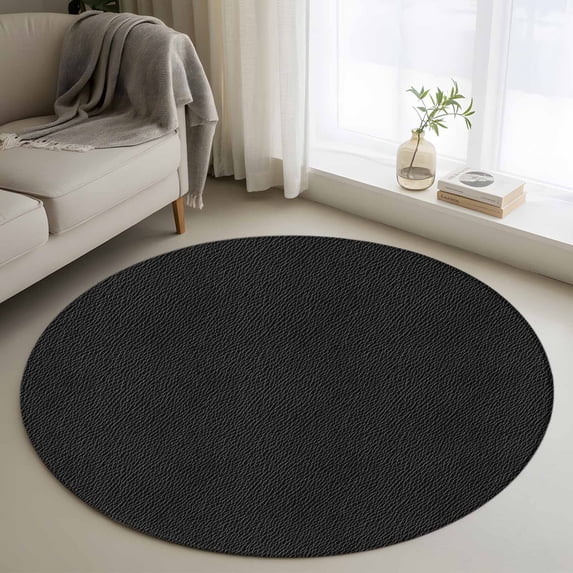 Round Rug 3ft Area Rug,Vintage Solid Black Leather Area Rugs for Living Room Bedroom,Retro Cowhide Texture Floor Mat Non-Slip Non-Shedding Carpet Indoor Accent Rugs
