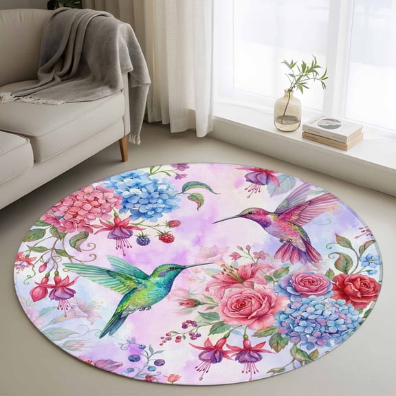Round Rug 3ft Area Rug, Watercolor Flower Hummingbird Area Rugs for Living Room Bedroom, Spring Hydrangea Floral Floor Mat Non-Shedding Non-Slip Carpet Indoor Accent Rugs