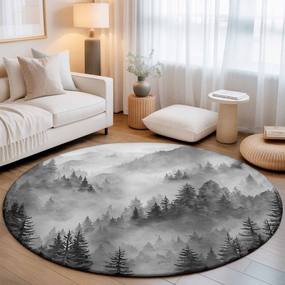 Round Rug 3ft Area Rug, Watercolor Forest Tree Mountain Area Rugs for Living Room Bedroom, Black Gray Natural Scenic Floor Mat Non-Slip Non-Shedding Carpet Indoor Accent Rugs