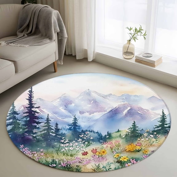Round Rug 3ft Area Rug, Watercolor Mountain Forest Scenery Area Rugs for Living Room Bedroom, Pastoral Landscape Art Floor Mat Non-Slip Non-Shedding Carpet Indoor Accent Rugs