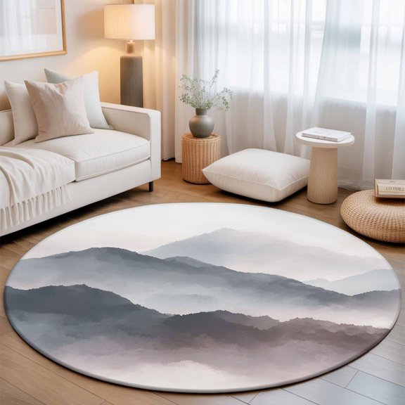 Round Rug 3ft Area Rug, Watercolor Mountain Range Area Rugs for Living Room Bedroom, Landscape Pattern Art Floor Mat Non-Slip Non-Shedding Carpet Indoor Accent Rugs