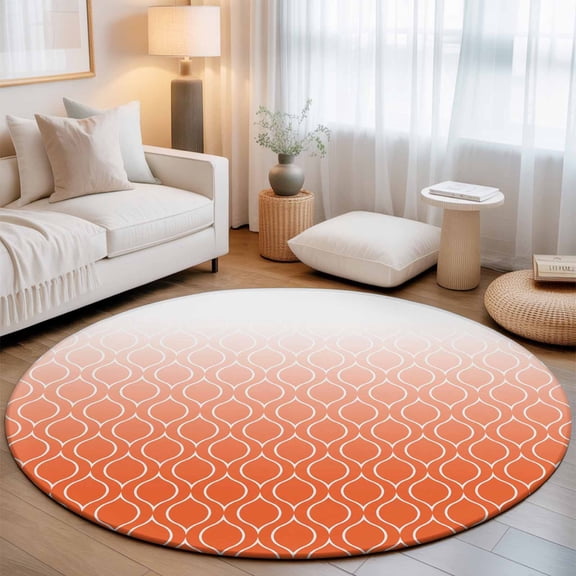 Round Rug 3ft Area Rug, Watercolor Orange Gradient Grid Area Rugs for Living Room Bedroom, White Line Abstract Geometric Floor Mat Non-Slip Non-Shedding Carpet Indoor Accent Rugs