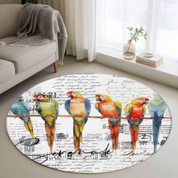 Round Rug 3ft Area Rug,Watercolor Parrot on Vintage Postcard Area Rugs for Living Room Bedroom,Colorful Bird Letter Texture Floor Mat Non-Slip Non-Shedding Carpet Indoor Accent Rugs