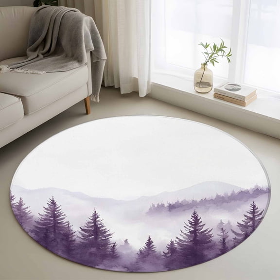 Round Rug 3ft Area Rug, Watercolor Purple Tree Mountain Area Rugs for Living Room Bedroom, Vintage Natural Sceneric Floor Mat Non-Slip Non-Shedding Carpet Indoor Accent Rugs