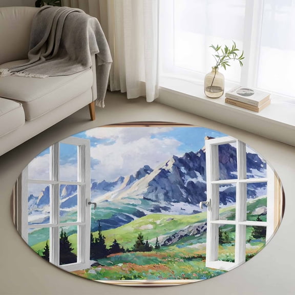 Round Rug 3ft Area Rug, Window View Mountain Area Rugs for Living Room Bedroom, Watercolor Landscape Art Floor Mat Non-Shedding Non-Slip Carpet Indoor Accent Rugs