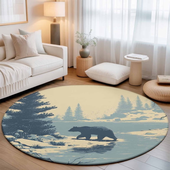 Round Rug 3ft Area Rug, Winter Bear Evergreen Trees Area Rugs for Living Room Bedroom, Rustic Snow River Floor Mat Non-Slip Non-Shedding Carpet Indoor Accent Rugs